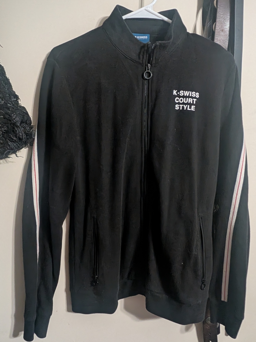 K-Swiss Black Court Style Zip-Front Jacket with Sleeve Stripes